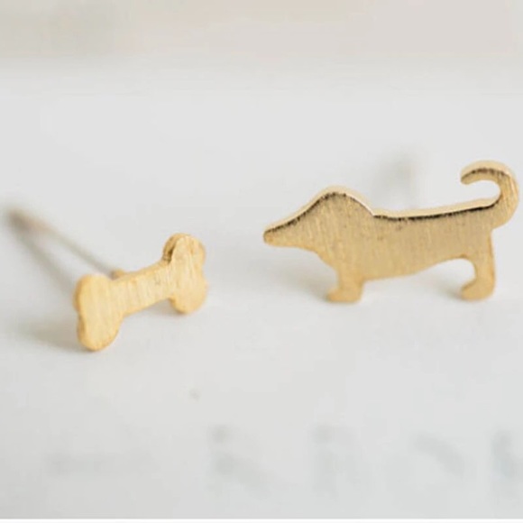 • SALE • Gold Dog & Bone Stud Earrings • - Picture 2 of 3
