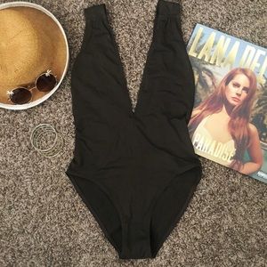 Brown Plunging Neckline One Piece Bathing Suit