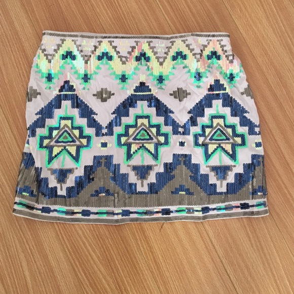Express Sequin Aztec tribal print mini skirt