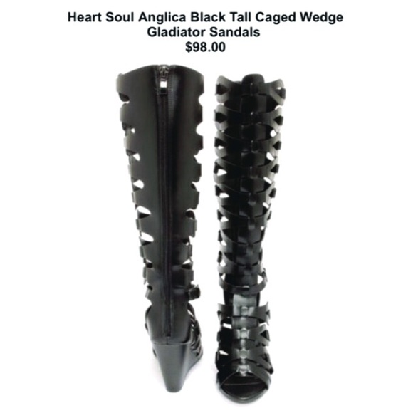 Black faux leather gladiator wedge heel sandal