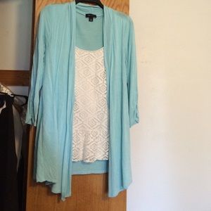 Pale blue cardigan with attached white eyelet tank