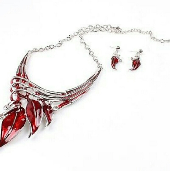 Gorgeous enamel red leaf choker earring set NIP - Picture 2 of 3