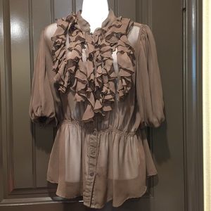 Espresso brown chiffon blouse with ruffle detail