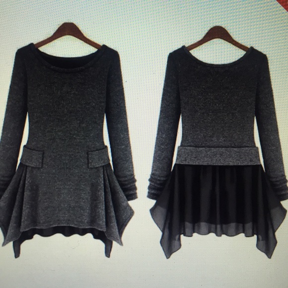Dark Grey Asymmetric Chiffon Long Sleeve Sweater