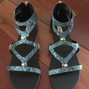 Blue and black snake skin sandals