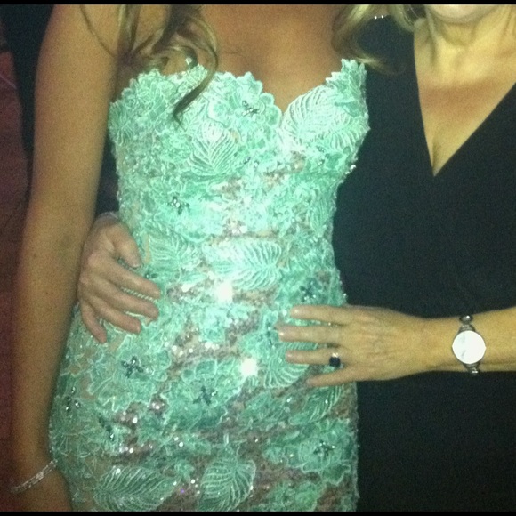 Sherri Hill Gown turquoise, nude, sequined size 2 - Picture 2 of 4