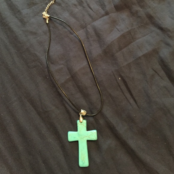 Black leather and turquoise cross necklace