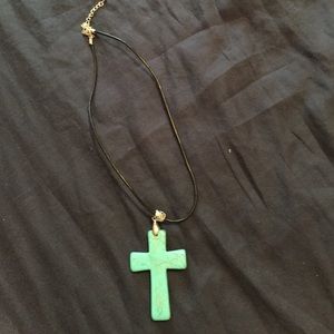 Black leather and turquoise cross necklace