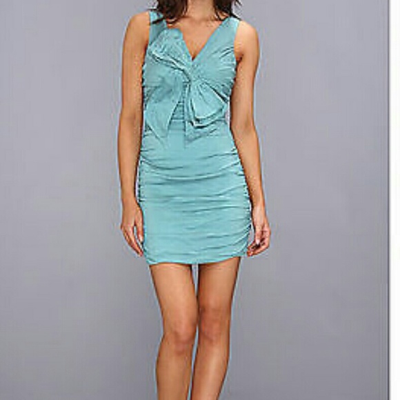 BCBG Blue Surf Bow Dress. Shimmering Ruched Bodice
