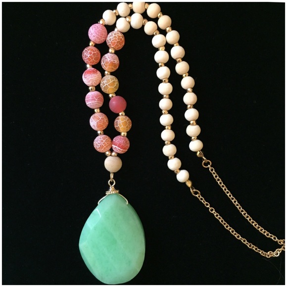 Natural Stone Necklace w/ Marbled & Wood Beads - Picture 3 of 4