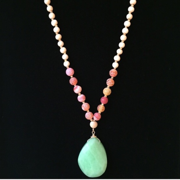 Natural Stone Necklace w/ Marbled & Wood Beads - Picture 2 of 4