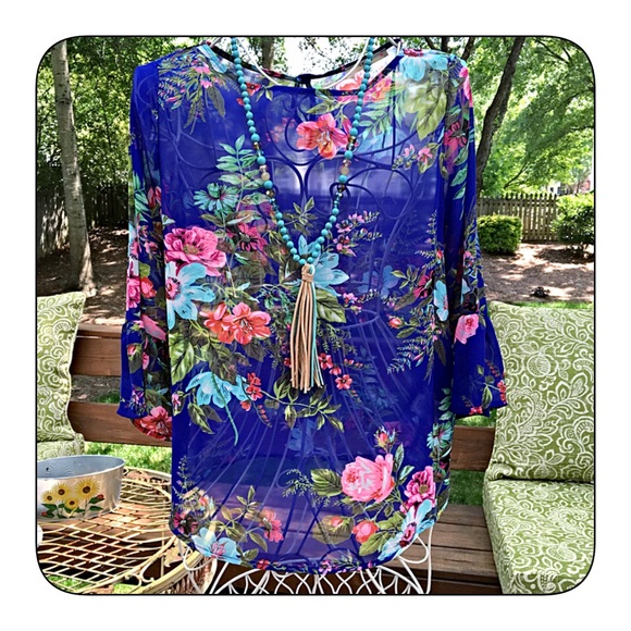 Royal Blue floral semi sheer stunning top! - Picture 2 of 4
