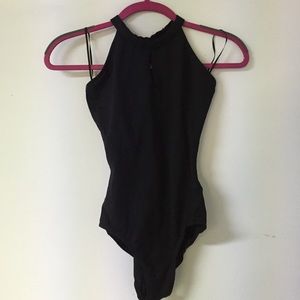 Black Hi-Neck Leotard w/ Fishtail Braid Detail