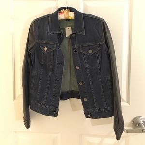 Ann Taylor denim jacket with faux leather sleeves