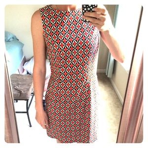 Navy and orange patterned sheath dress