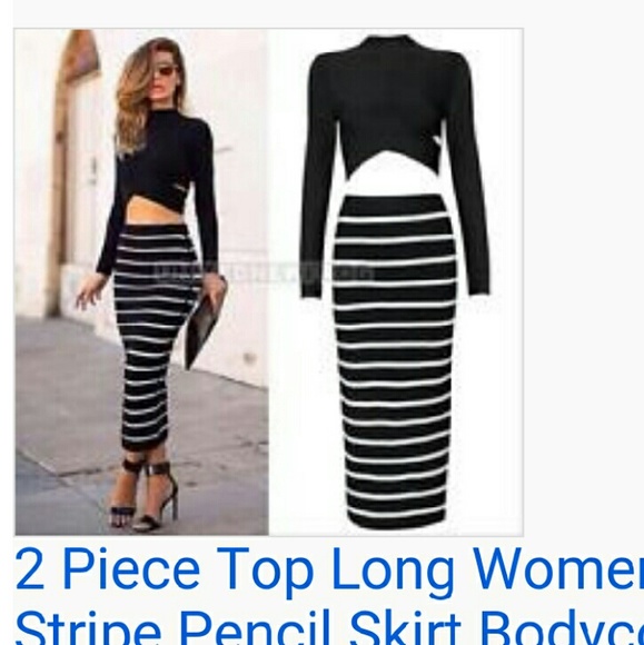 2 Piece Crop Top Stripe Pencil Midi Skirt