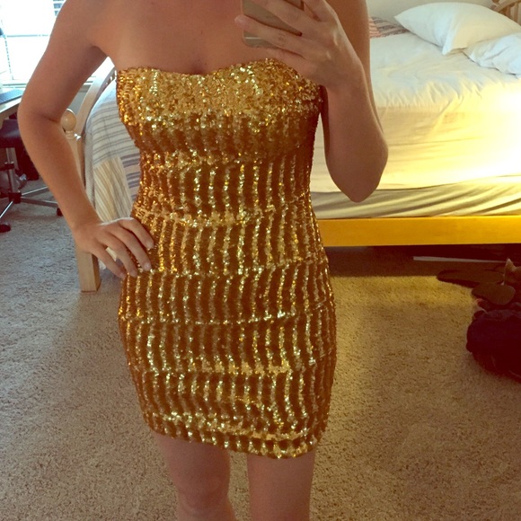 Strapless gold sequin mini dress