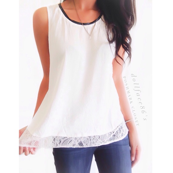 ASTR Tops - NWT ASTR White Faux Leather & Lace Trim Top