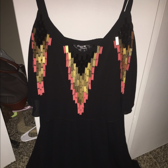 Black mini dress with metallic design on front