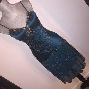 Sue Wong Silk turquoise bead & sequin dress