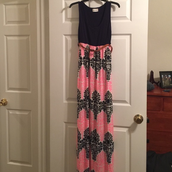 Damask Pink and Black Maxi dress with belt