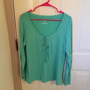 NWOT mint ruffle blouse with cream polka dots.