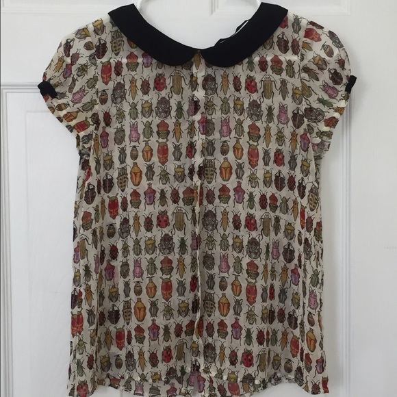 Zara Beetle Print Blouse Peter Pan Collar