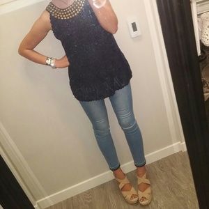 INC | Gold Collar Crochet Sweater Tank