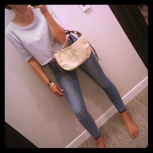 Bisou Bisou | Cream Stiched Fringe Handbag