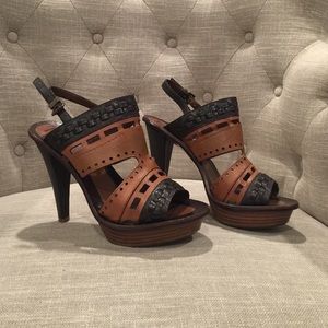 7 For All Man Kind Brown and Tan Platform Heels