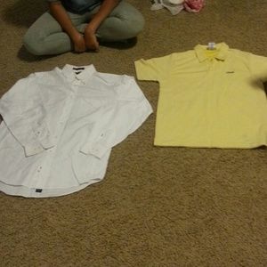 Mens white dress shirt and yellow Reebok polo