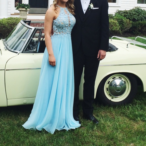 Lace Open Back Halter Prom Dress