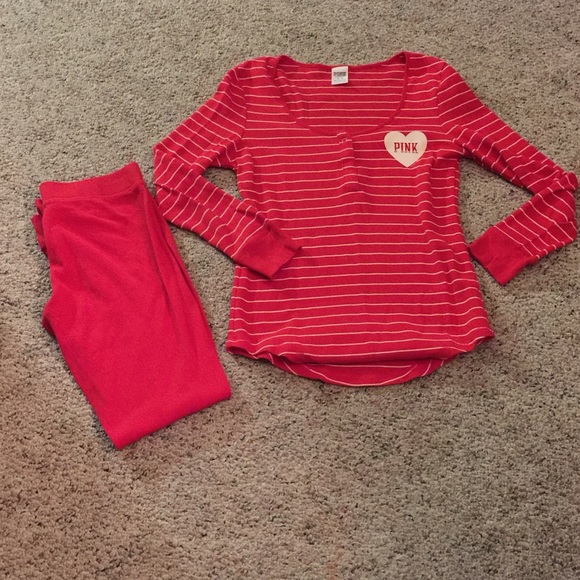 Pink red pajamas. Top is Med. Bottom is small
