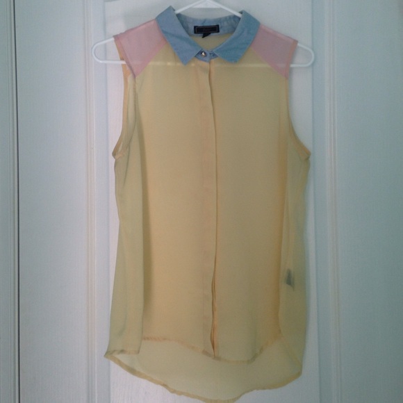 Sheer yellow button up tank top.