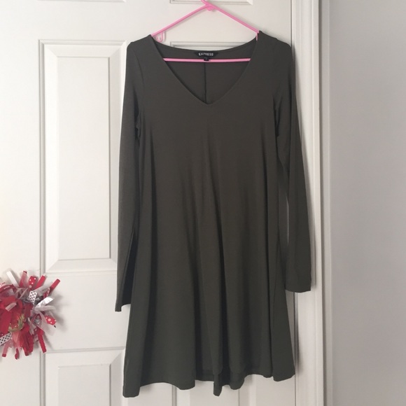 Olive green, long sleeve fit & flare dress; size S