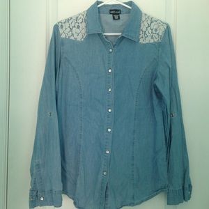 Denim chambray button down with lace detailing.