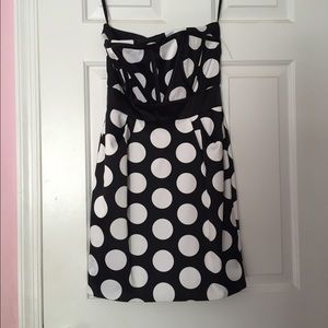 Strapless, cute black and white polka dot dress.