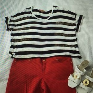 Navy blue and white dolman sleeve top