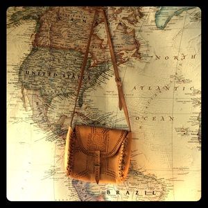 Vintage boho tooled leather camel colored purse