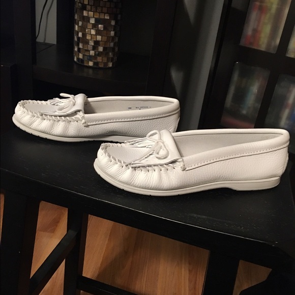 White Minnetonka Kilty Boat Moccasins