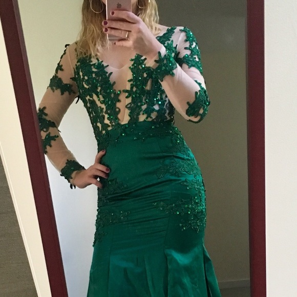 Green silk prom or formal dress w lace appliqué