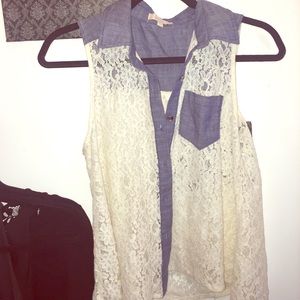 Lace denim collar button up