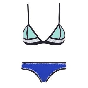 Blue Teal white color block Crochet Bikini Medium