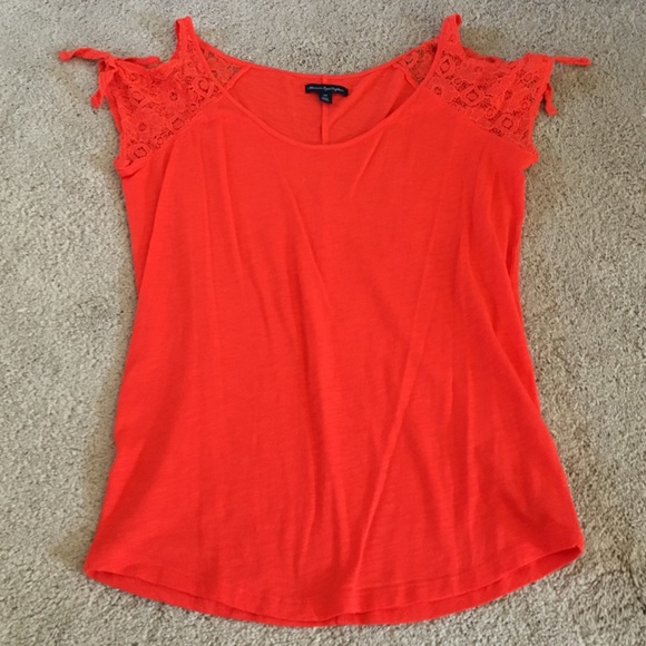 Red orange cotton t shirt with lace sleeves - Picture 1 of 2