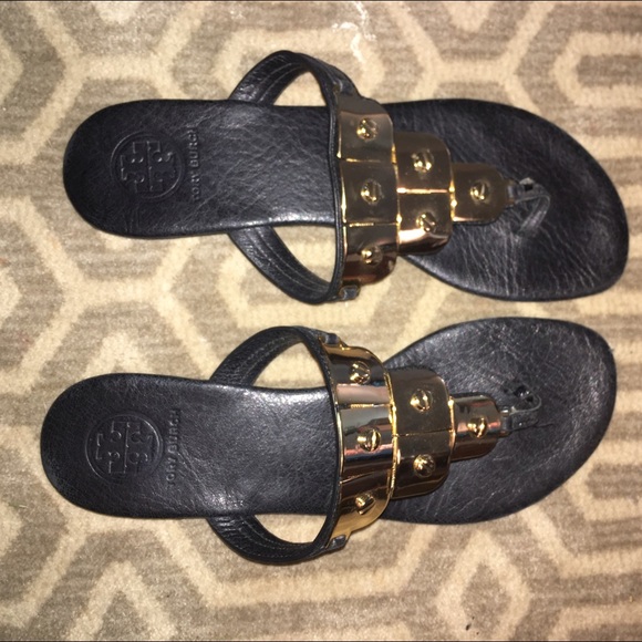 Gold embellished black leather Tory Burch thong