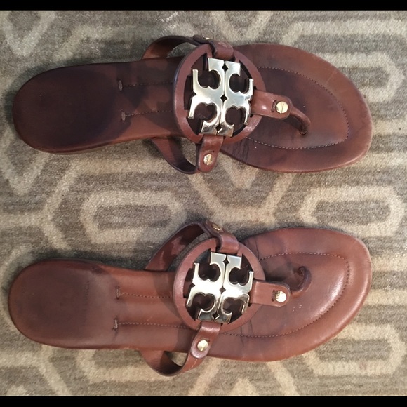 Tory Burch Miller brown thong, gold logo & detail