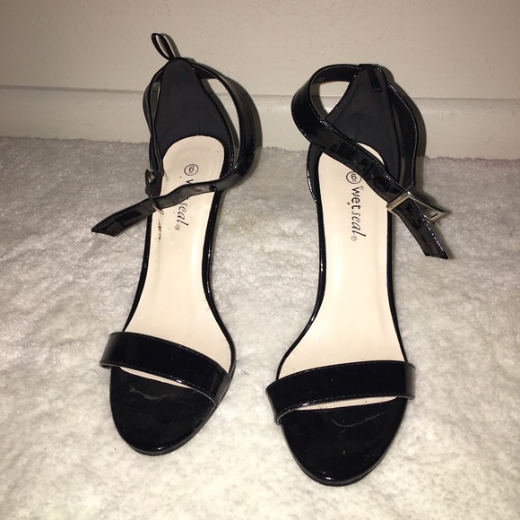Black open to strap heels