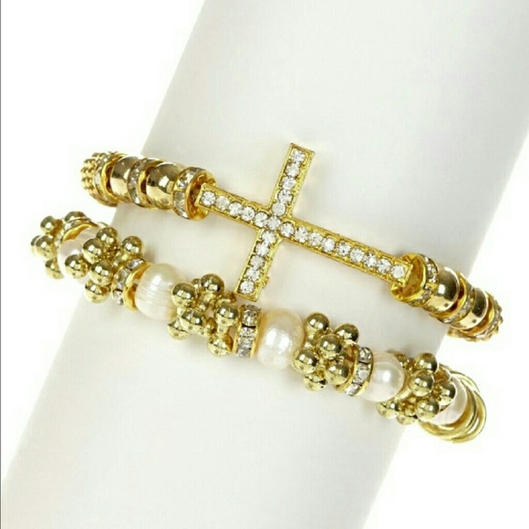T&J Designs Gold & Crystal Cross Bracelet Set
