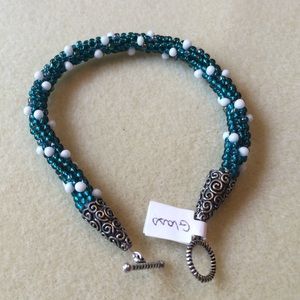 FINAL SALE PRICE 9" Hand Braided Seed Bead Bracelet in Teal & White