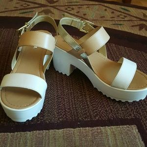 White Platform Sandals with Tan and Gold Straps